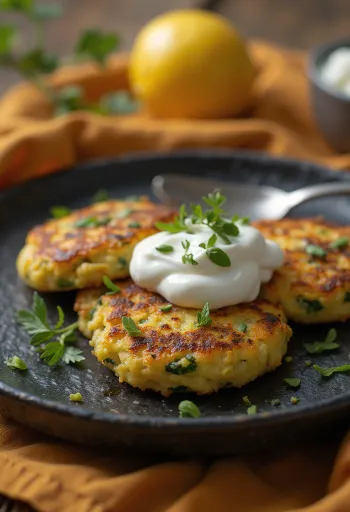 Kolokithokeftedes servidos con yogur, tortitas de verduras frescas