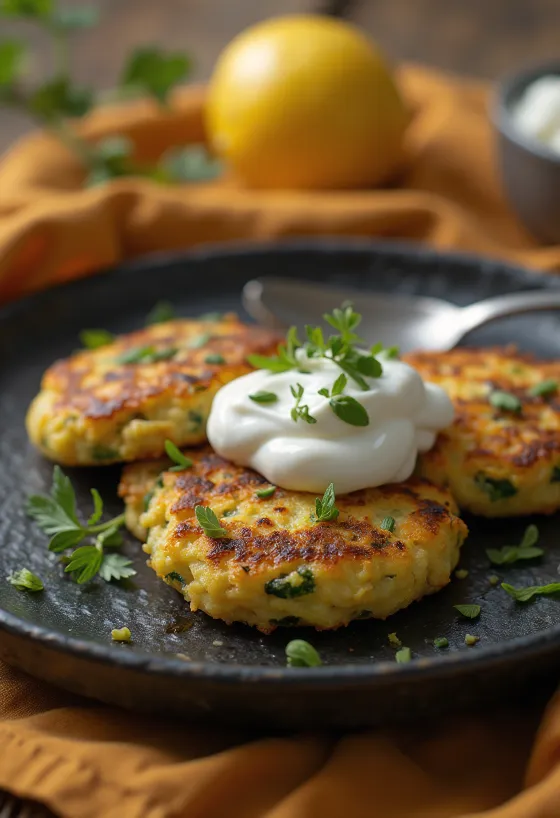Kolokithokeftedes servidos con yogur, tortitas de verduras frescas