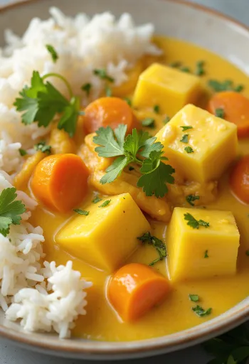 Curry de berenjena especiado, servido con leche de coco