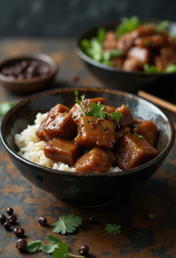 Pork adobo servido con arroz al vapor