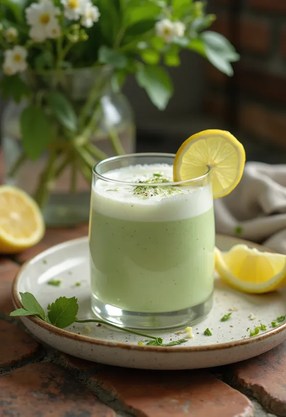 Kéfir de té verde y menta servido en vasos, bebida de tono verde pálido