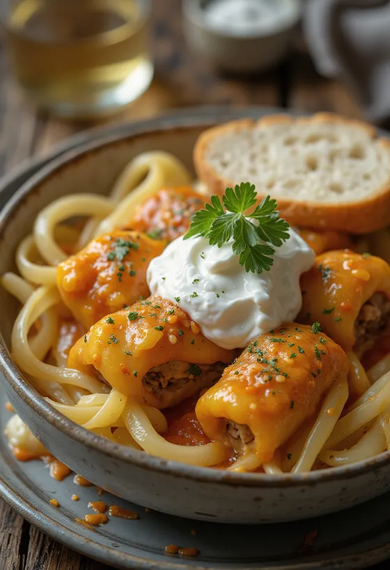 Rollos de col rellenos de carne molida especiada y arroz, envueltos en hojas de col agria, servidos en salsa de tomate