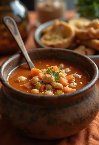 Sopa de frijoles vegana con páprika ahumada servida