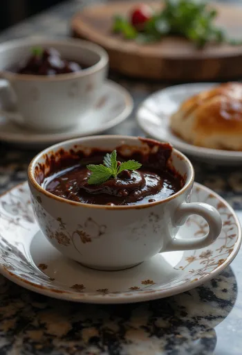 Salsa de vino tinto con chocolate y chile en un tazón, decorada con trozos de chocolate y chile.
