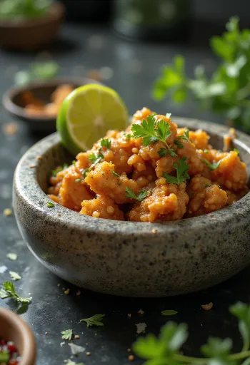Ayam geprek con salsa de ajo, decorado con hoja de lima