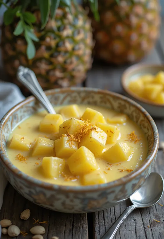 Basundi con piña, crema de leche rica y trozos de piña fresca