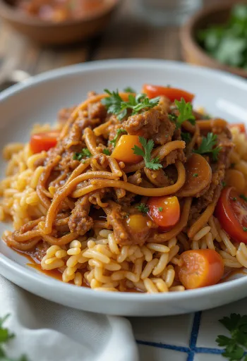 Carne Mechada servida con arepas y arroz
