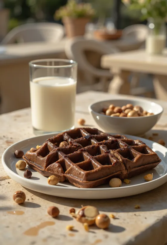 Waffles de chocolate con fruta y salsa de chocolate