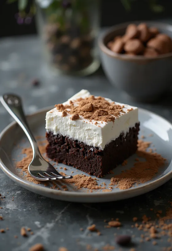 Pastel de chocolate con crema batida servido