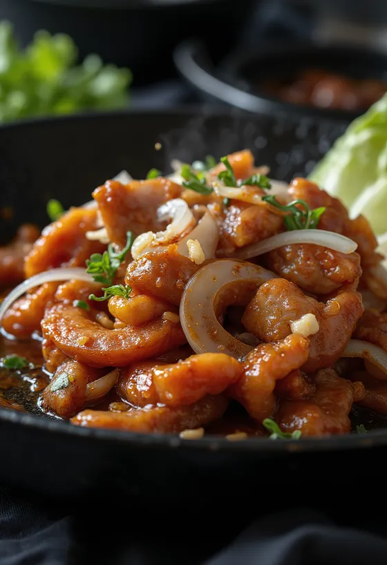 Daeji Bulgogi cerdo picante servido con verduras