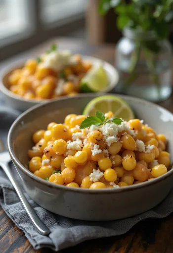 Esquites con crema de chipotle, servidos con queso rallado y limón