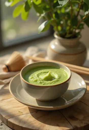 Una taza de té matcha espumoso, decorado con polvo de matcha
