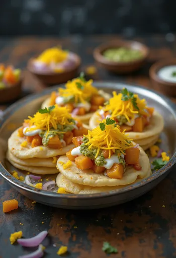 Sev puri con chutney verde picante, puri crujiente, yogur cremoso y especias verdes frescas