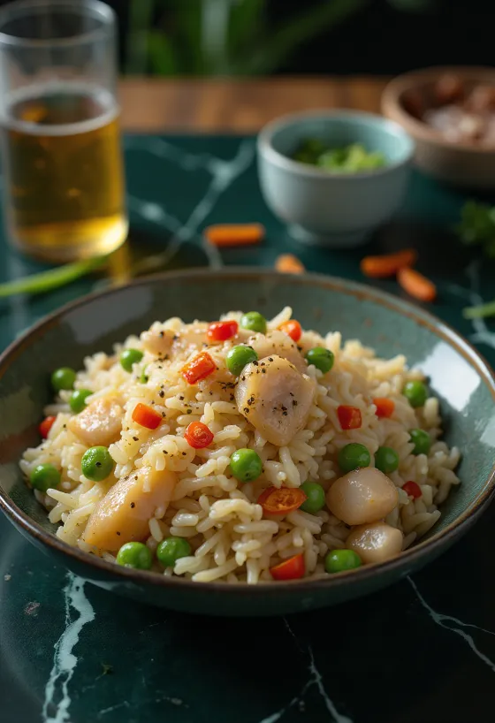 Arroz con bacalao salado servido