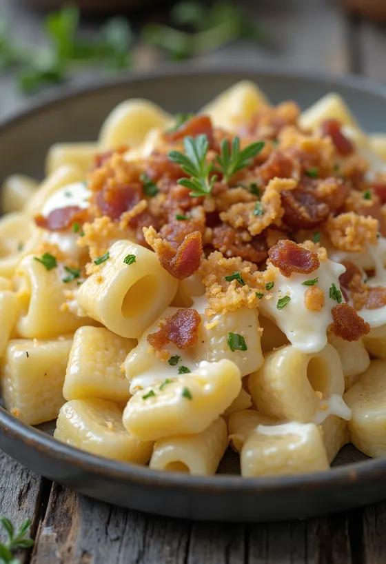 Pasta con requesón espolvoreada con chicharrones, servida con eneldo fresco