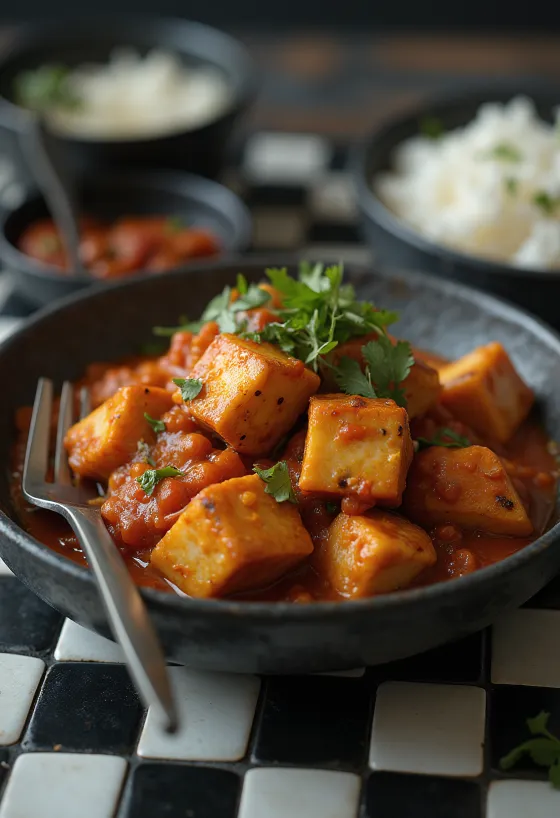 Vindaloo con tofu servido en salsa rica y especiada