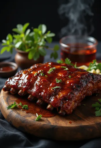 Costillas BBQ servidas con papas y ensalada