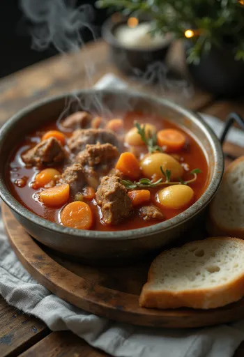 Goulash en caldero humeante, servido generosamente con pan fresco