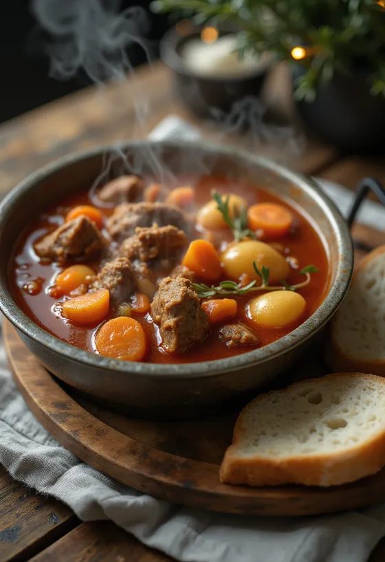 Goulash en caldero humeante, servido generosamente con pan fresco