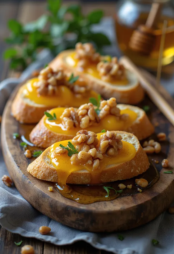 Bruschetta con miel y nuez, decorada con albahaca fresca