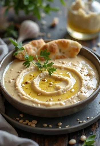 Salsa de tahini con curry y ajo servida