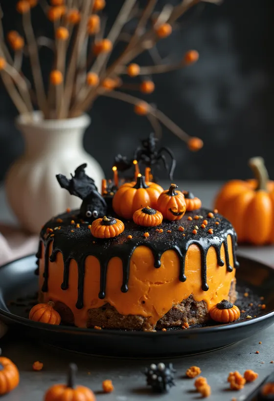 Pastel de Halloween con fondant naranja y decoración negra