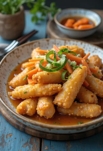 Tangsuyuk clásico servido, con ajonjolí y cebollín