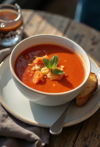 Sopa de tomate con albahaca y crotones tostados