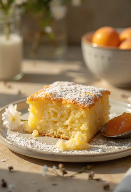 Suflé de arroz horneado dorado, espolvoreado con azúcar glass y servido con mermelada de frutas