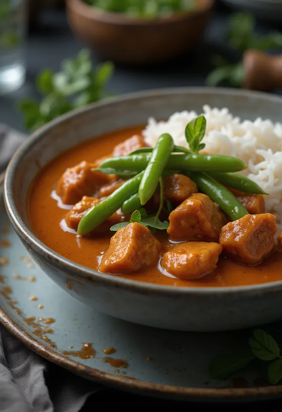 Curry rojo tailandés con res servido
