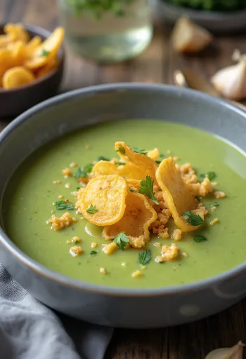 Sopa vegana de calabacita con ajo tostado servida