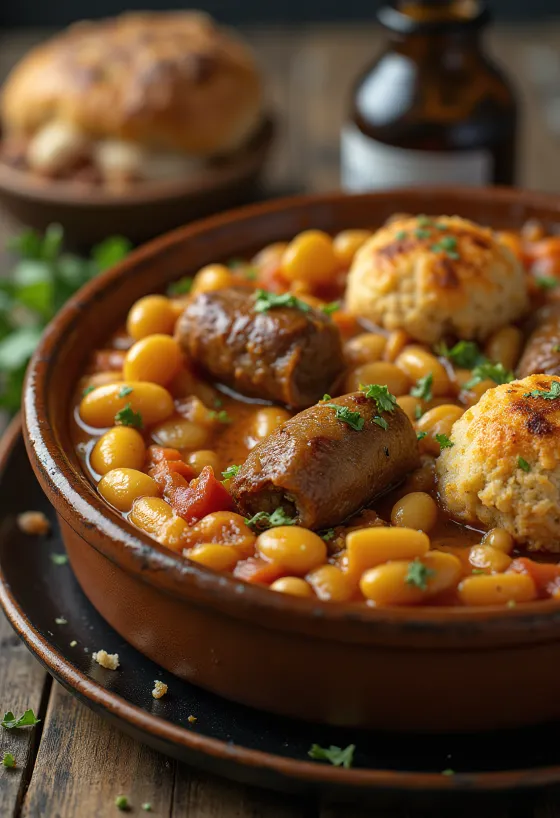 Cassoulet con cordero, plato único con frijoles y salchicha
