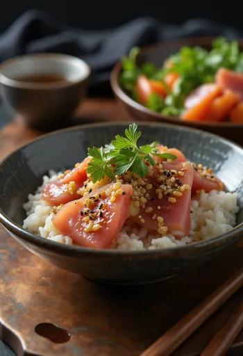 Tazón de Chirashi con salsa de soya, atún y verduras