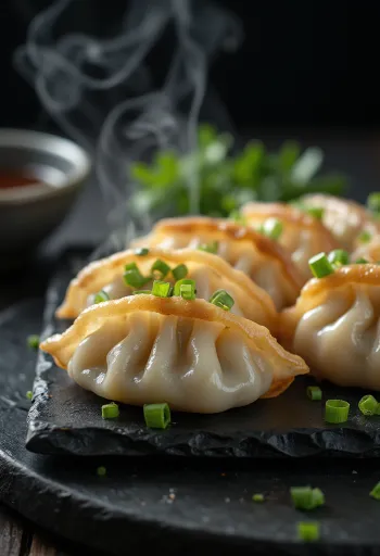 Gyoza de Cangrejo servida con relleno de carne de cangrejo y dip de salsa de soya