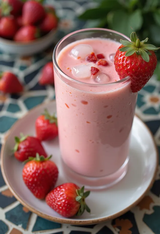 Lassi de fresa servido con hielos y fresa fresca