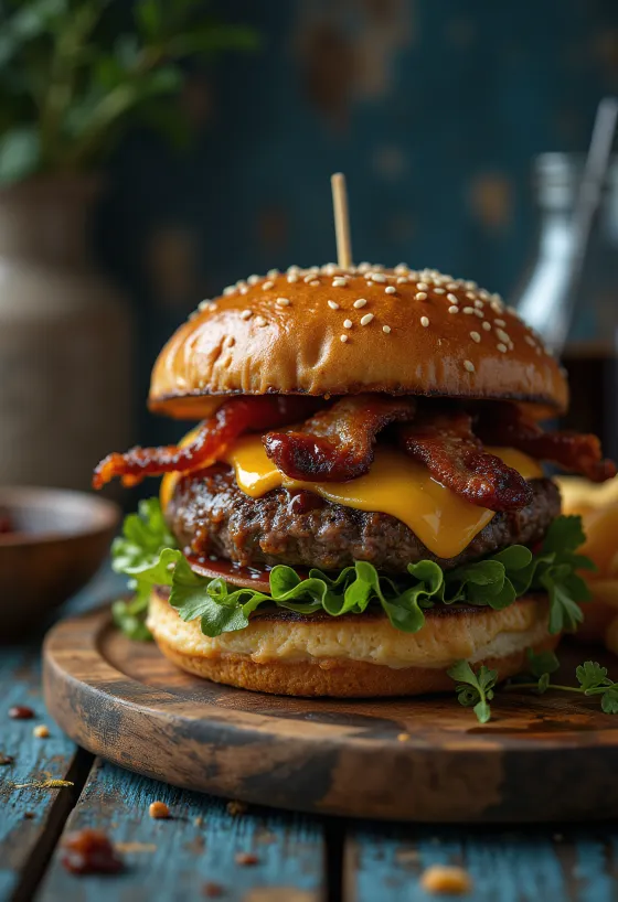Hamburguesa ahumada con queso cheddar y tocino