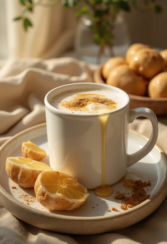 Leche con miel en una taza decorada con canela