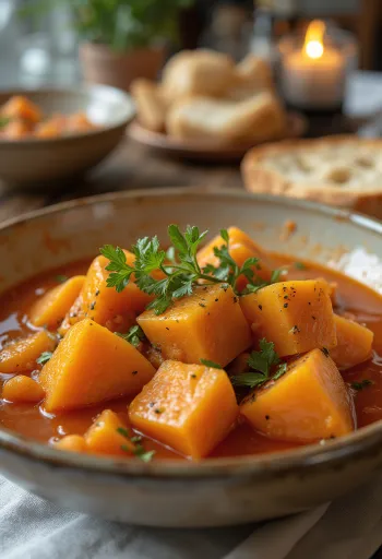 Estofado de camote servido con perejil fresco