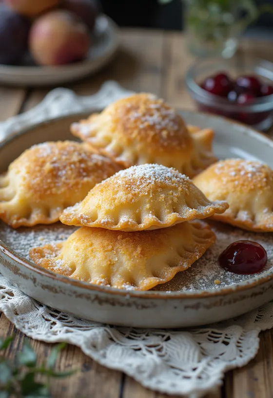 Derelye de mermelada de ciruela recién cocido, espolvoreado con pan molido tostado.