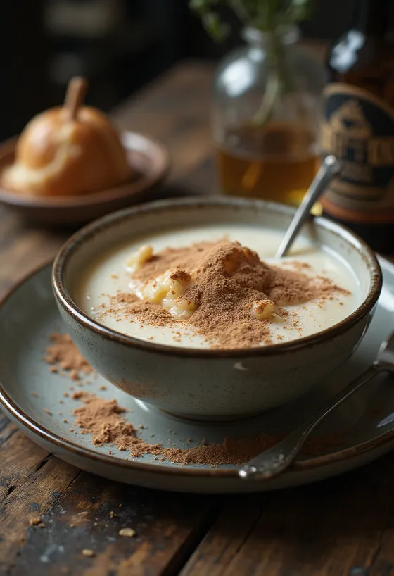 Sémola con leche cremosa espolvoreada con cacao, servida con fruta fresca.