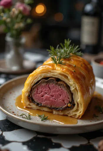 Filete Wellington rebanado, servido con verduras frescas