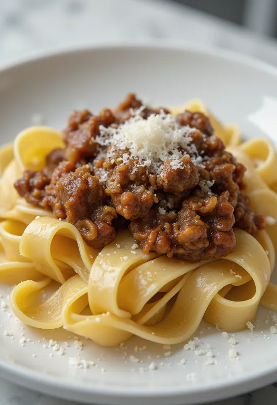 Ragú de jabalí con pappardelle servido en un plato rústico.